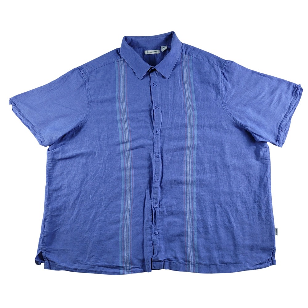 Cubavera Button Up Shirt Men's 3X Blue Linen Cotton Blend Short Sleeve Striped